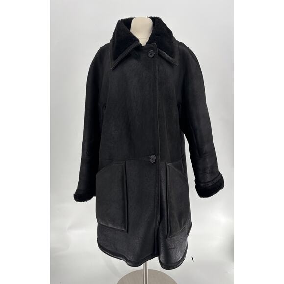 Sawyer of Napa Vintage Coat Womens Large Black Shearling Button Collared Pockets